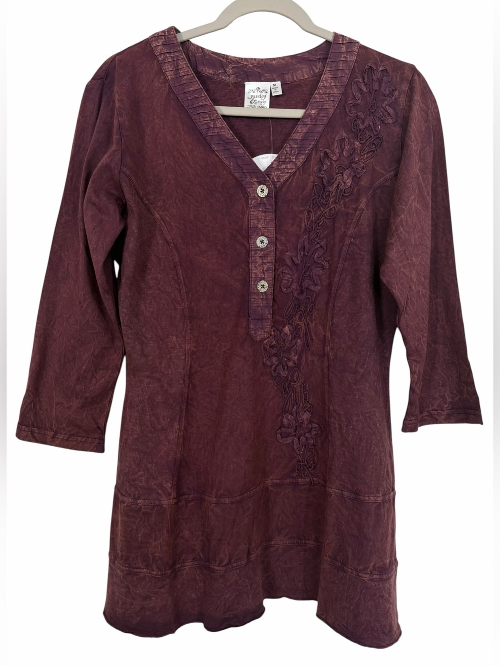 Parsley & Sage Boho Tunic Top Mineral Wash Wine Embroidered NWT Size Medium
